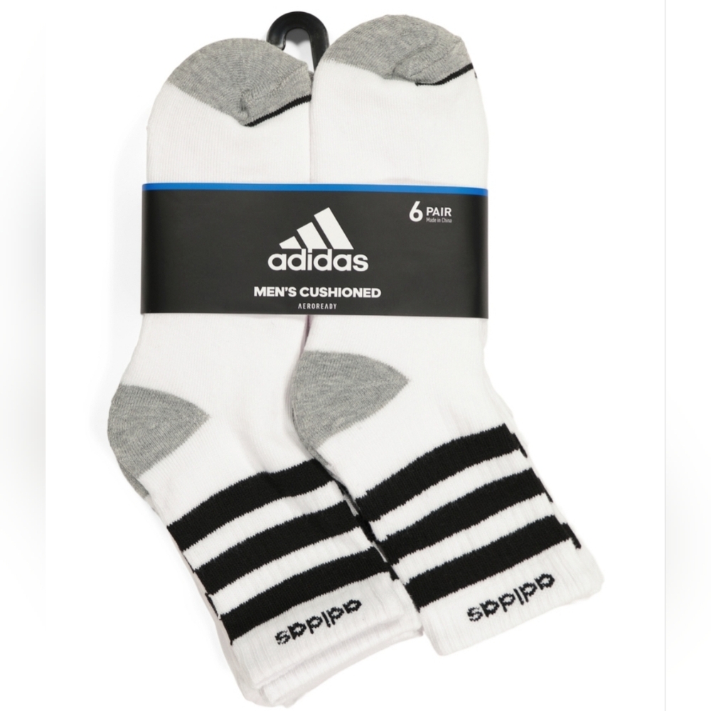 ADIDAS 6pk Men's Crew Cushioned Socks, Sz 6-12, White/ Black, NWT